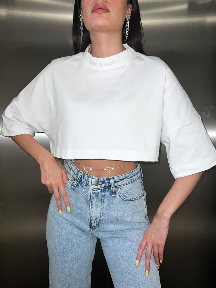 Beyaz Angels Baskılı Crop Tshirt