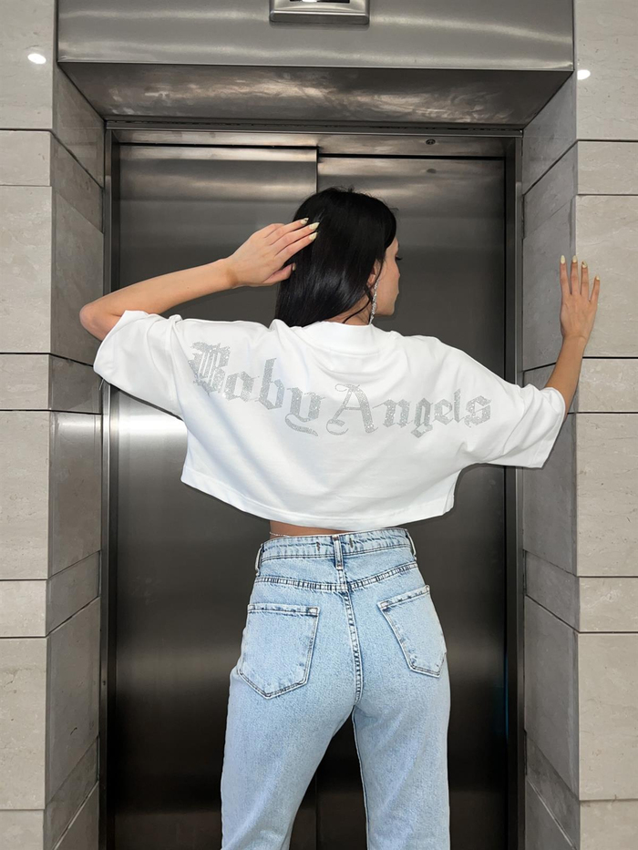 Beyaz Angels Baskılı Crop Tshirt