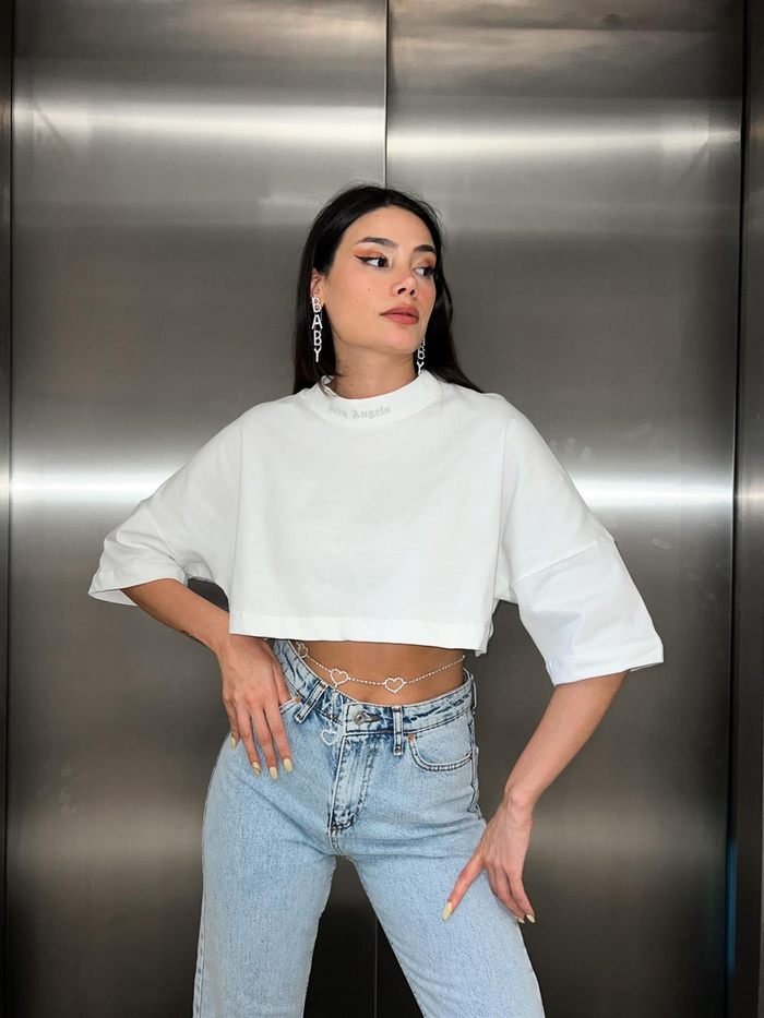 Beyaz Angels Baskılı Crop Tshirt