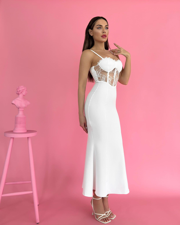 Beyaz Askılı Lace Detail Elbise