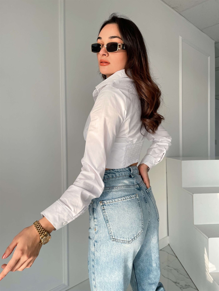 Beyaz Balenli Crop Gömlek