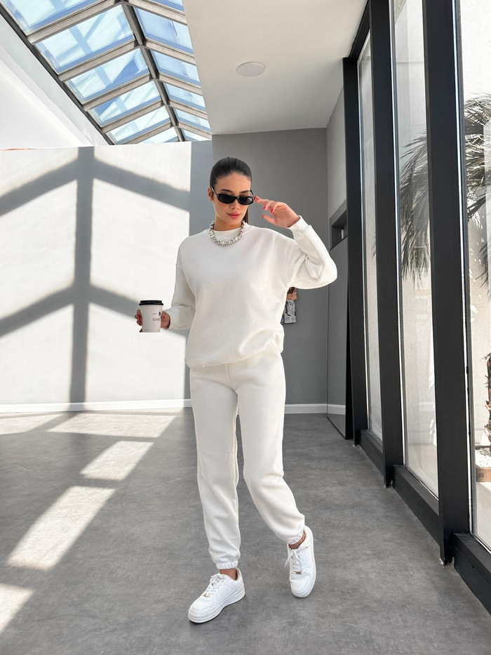 Beyaz Basic Sweatshirt Takım