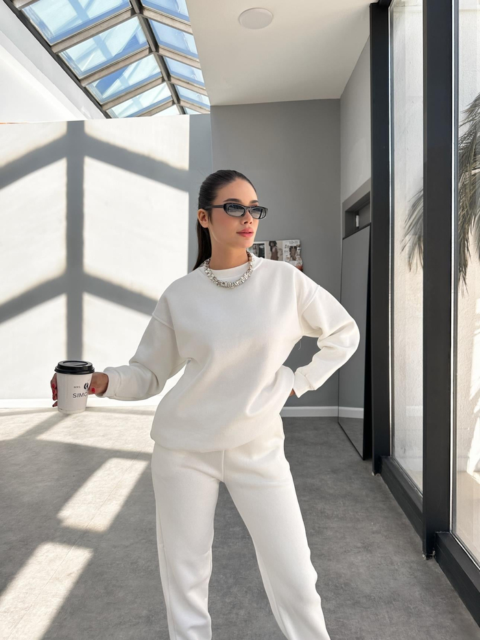 Beyaz Basic Sweatshirt Takım