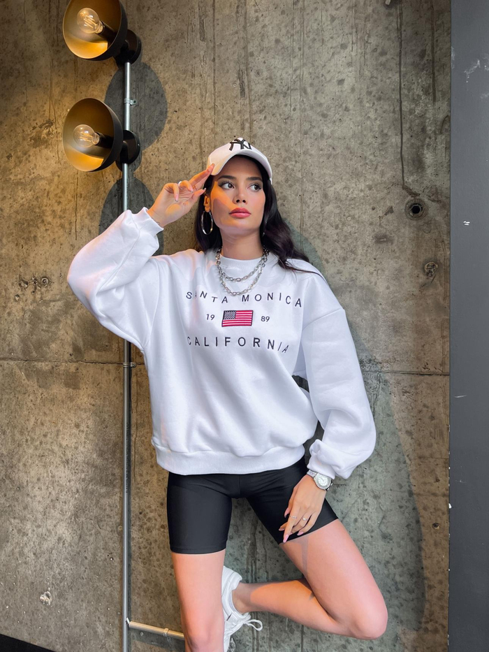 Beyaz Baskılı Şardonlu Sweatshirt