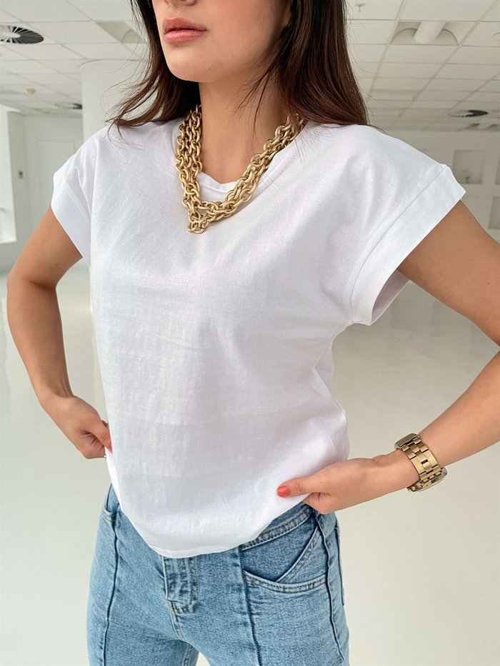Beyaz Bisiklet Yaka Kısa Basic Tshirt