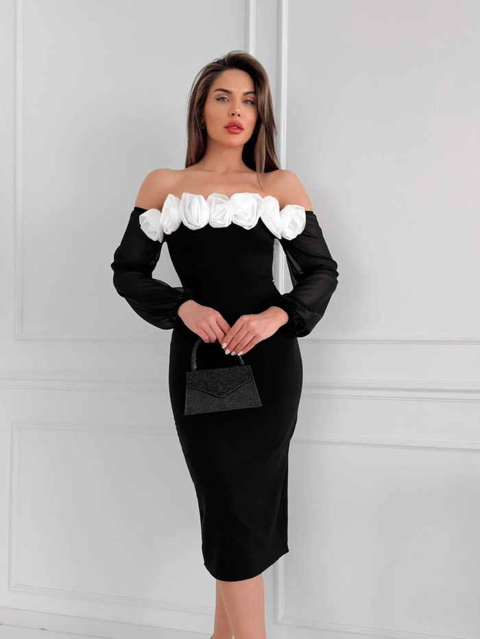 Beyaz Çiçekli Kolları Şifon Elbise