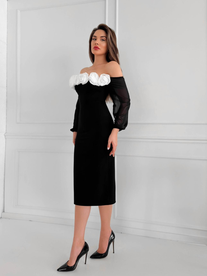 Beyaz Çiçekli Kolları Şifon Elbise