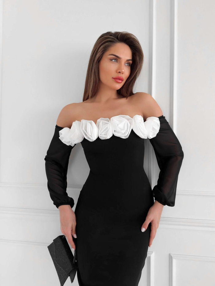 Beyaz Çiçekli Kolları Şifon Elbise