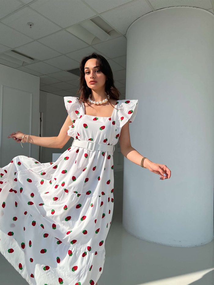 Beyaz Çilek Desen Kat Elbise