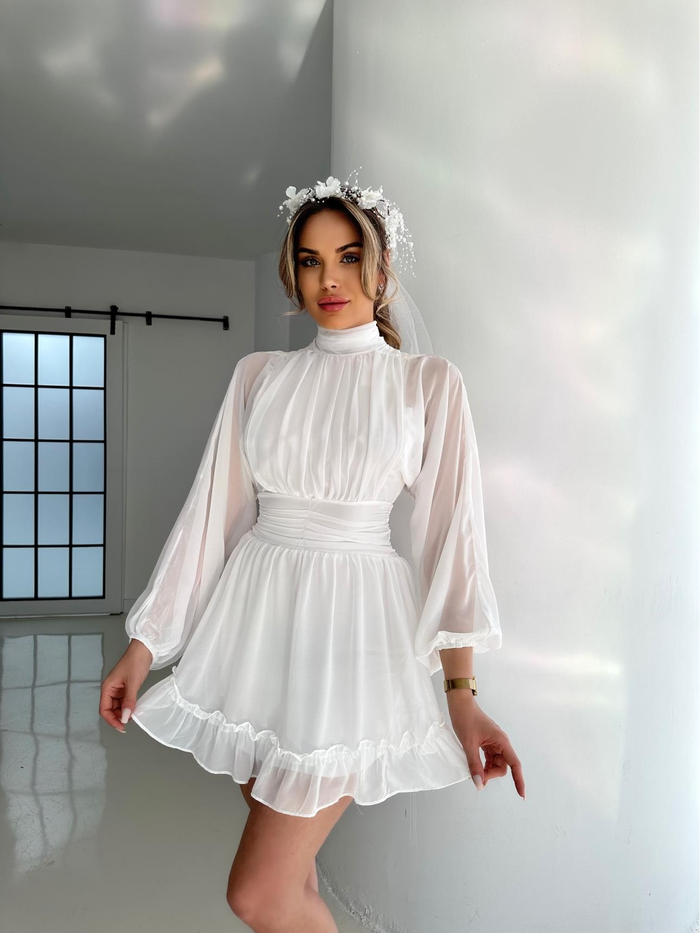 Beyaz Drapeli Şifon Elbise