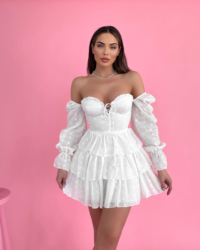 Beyaz Fistolu Fırfırlı Mini Elbise