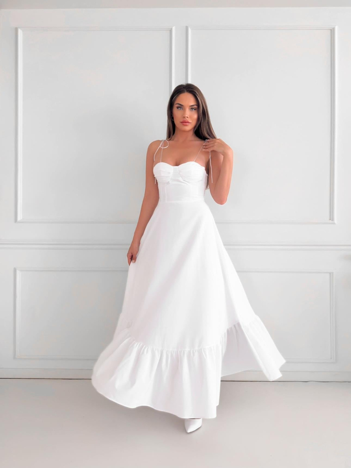 Beyaz Göğüs Drape Kloş Elbise
