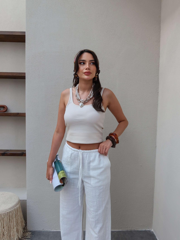 Beyaz Keten Kordonlu Pantolon