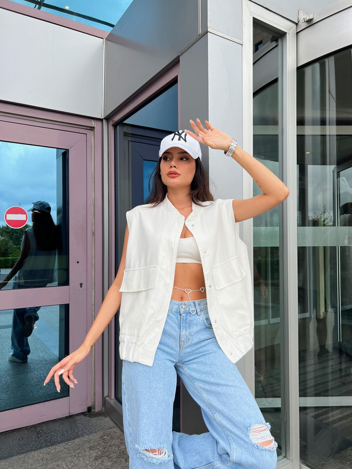 Beyaz Keten Oversize Yelek
