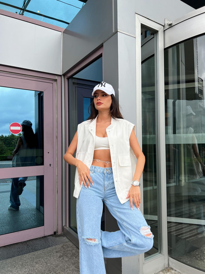 Beyaz Keten Oversize Yelek