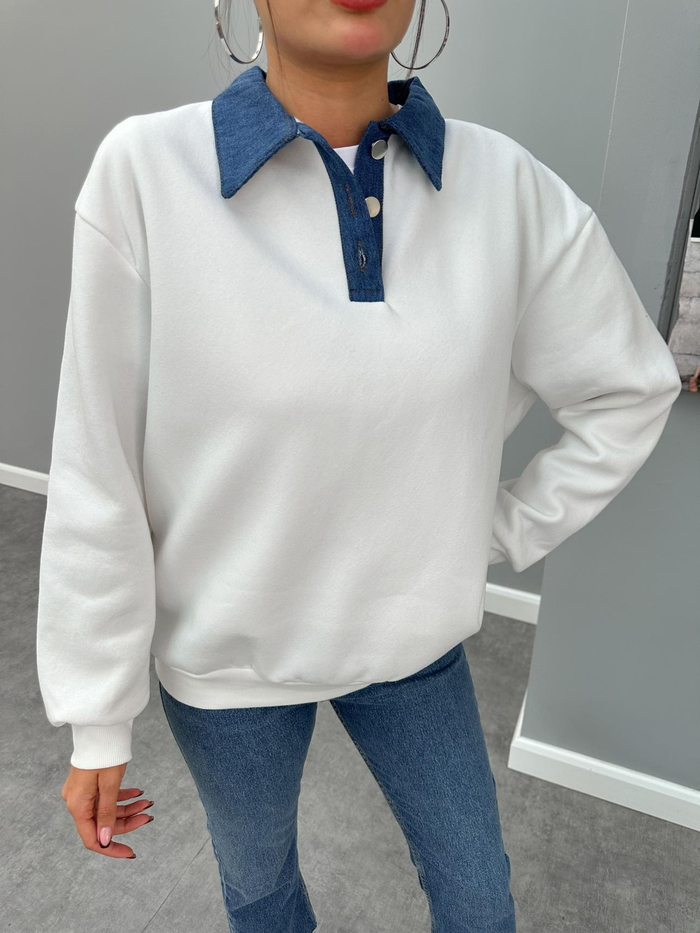 Beyaz Kot Yakalı Şardonlu Sweat