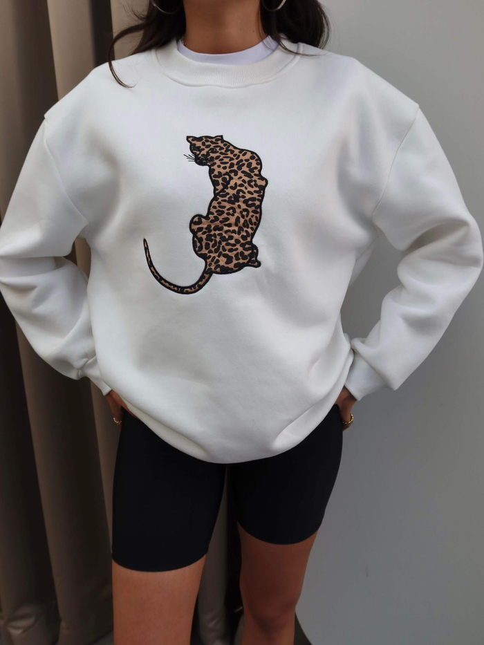 Beyaz Leo Nakış Şardonlu Sweatshirt