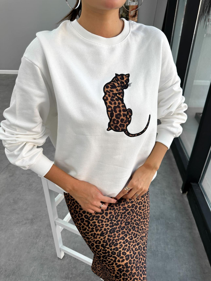 Beyaz Leo Nakışlı Sweat
