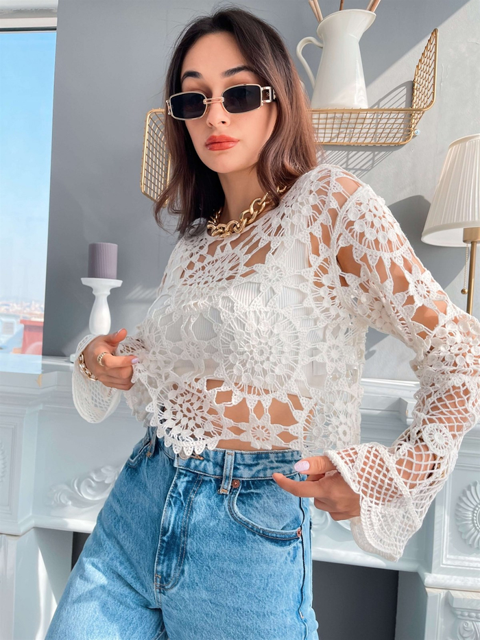 Beyaz Örme Dantel Bluz
