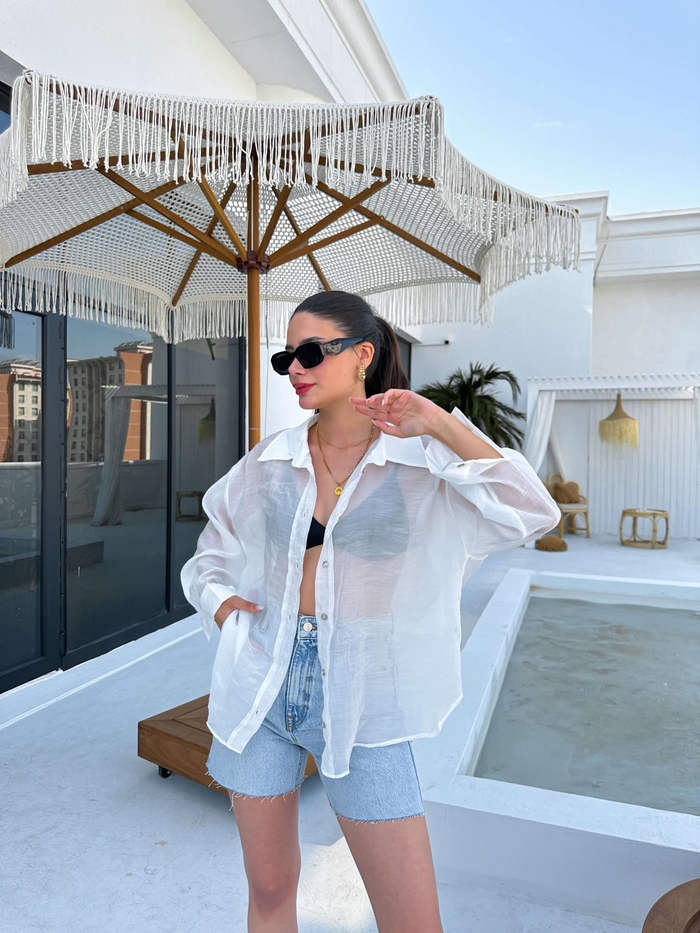 Beyaz Oversize Silky Gömlek