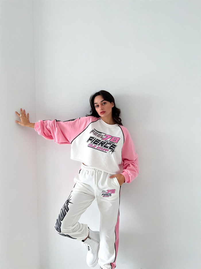 Beyaz Pembe Parçalı Baskılı İkili Takım