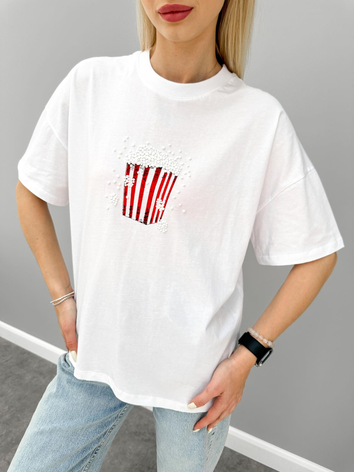 Beyaz PopCorn Baskılı Tshirt