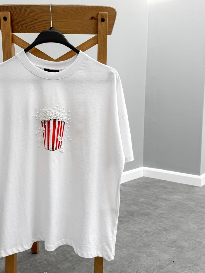 Beyaz PopCorn Baskılı Tshirt