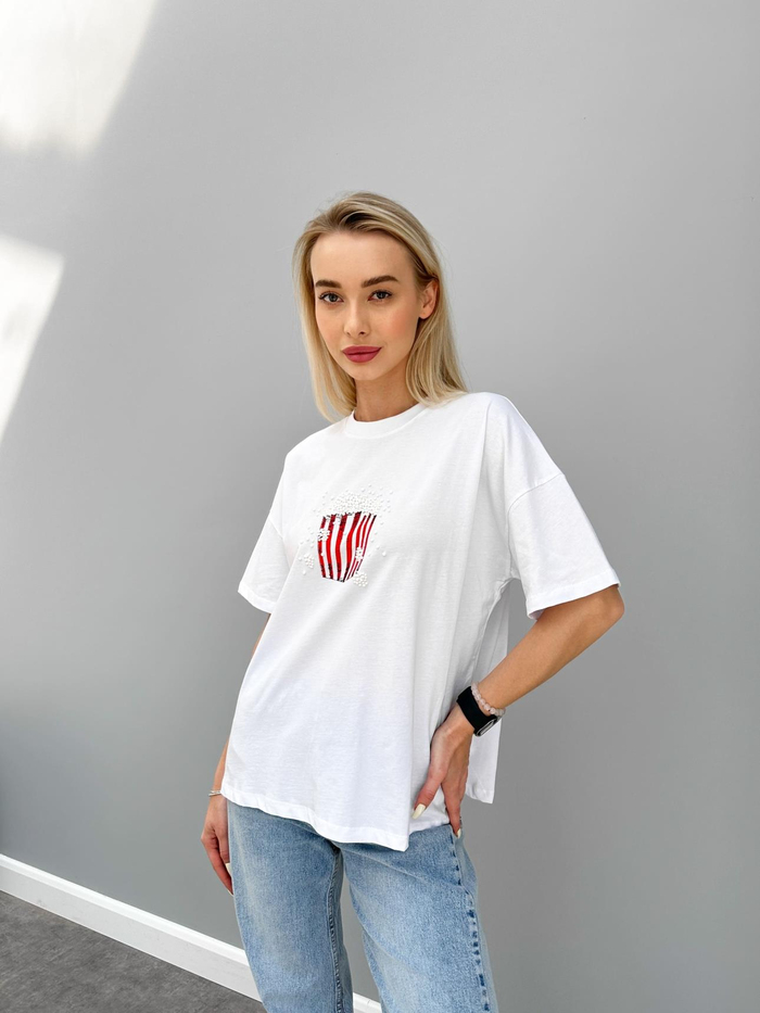 Beyaz PopCorn Baskılı Tshirt