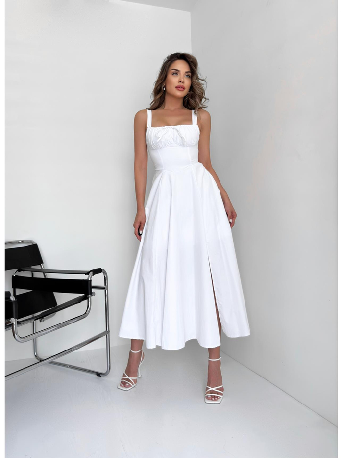 Beyaz Poplin Bağcıklı Elbise