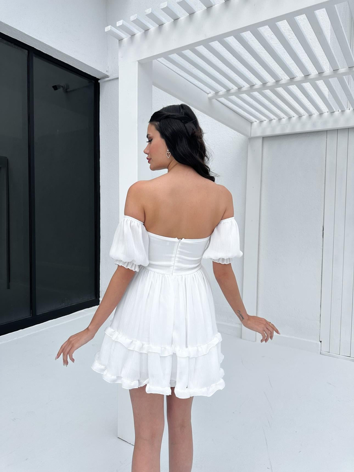 Beyaz  Straplez Fırfırlı Mini Elbise