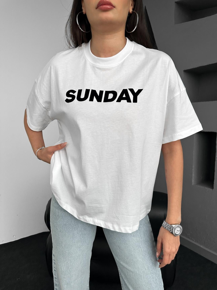 Beyaz Sunday Baskılı Tshirt