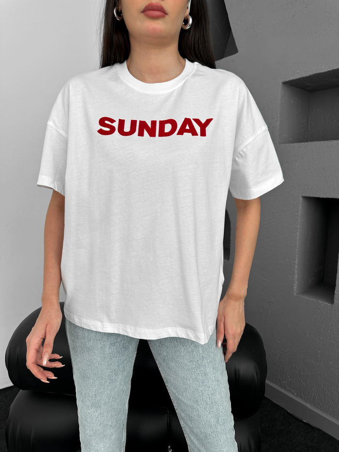 Beyaz Sunday Baskılı Tshirt