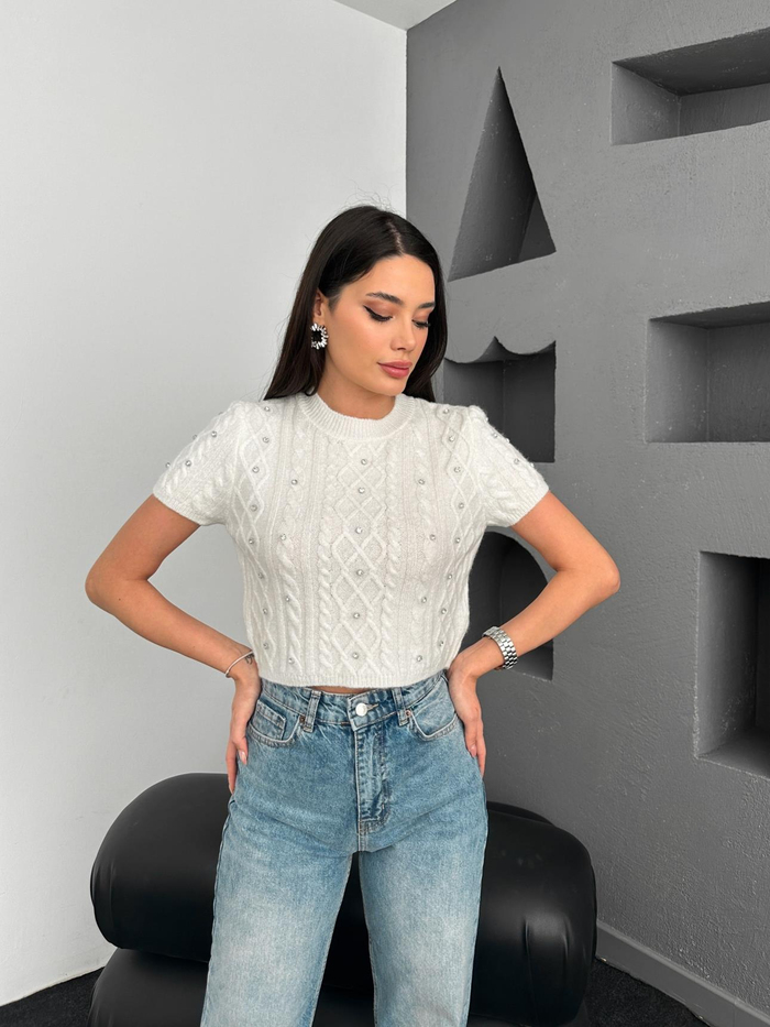 Beyaz Taşlı Triko Bluz