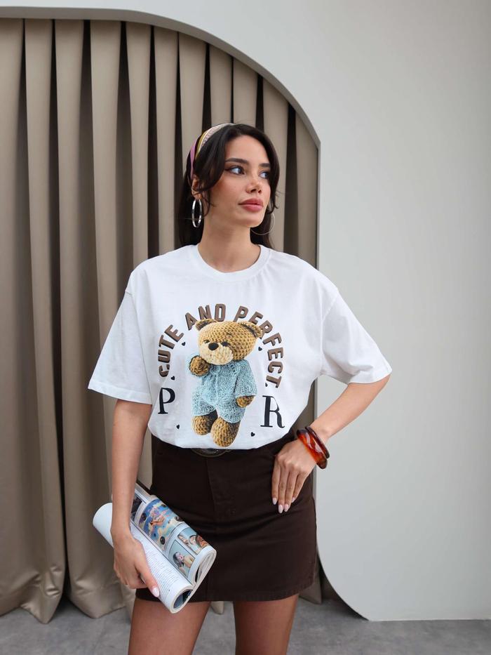 Beyaz Teddy Bear Baskılı T-shirt