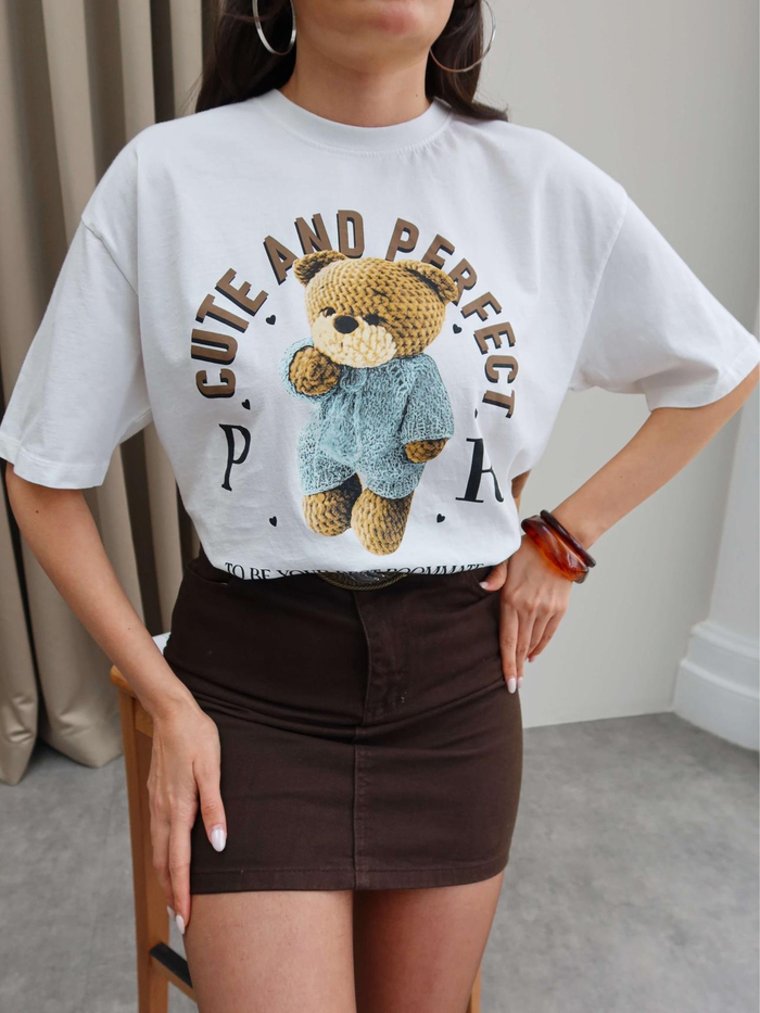 Beyaz Teddy Bear Baskılı T-shirt