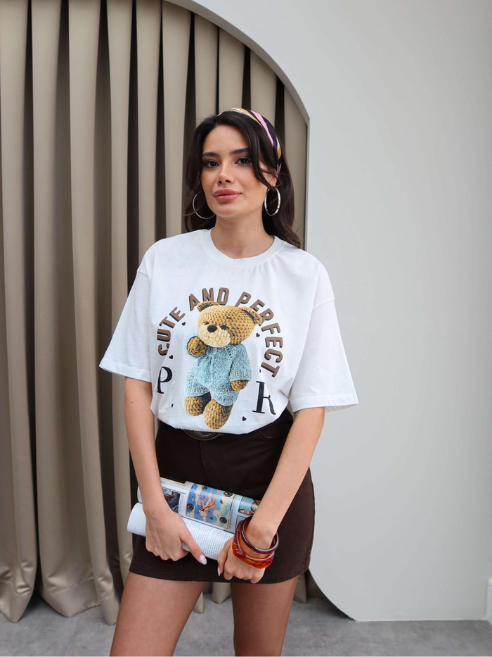 Beyaz Teddy Bear Baskılı T-shirt