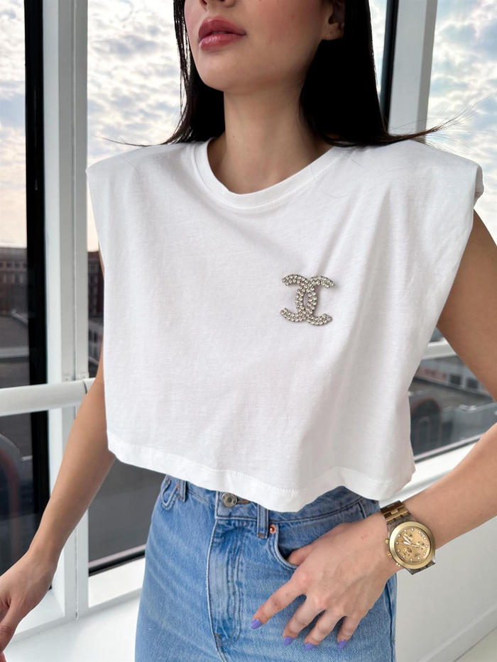 Beyaz Vatkalı Kısa Basic Tshirt