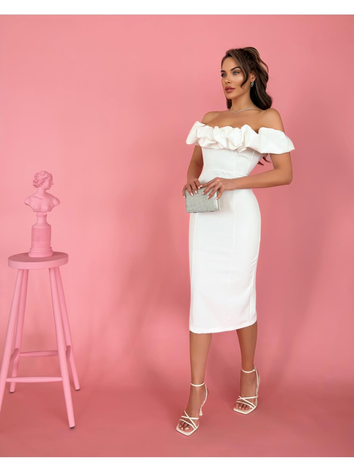 Beyaz Yaka Frilly Fitted Elbise