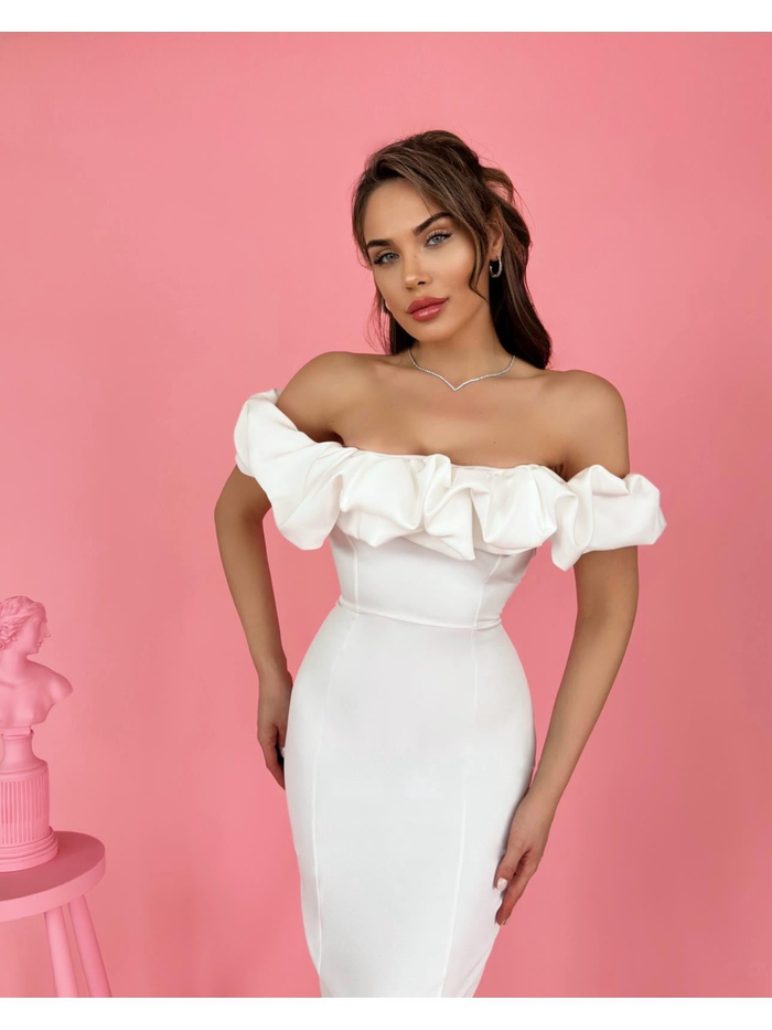 Beyaz Yaka Frilly Fitted Elbise