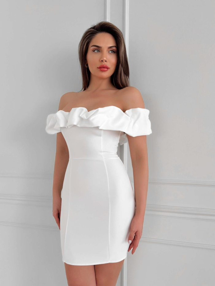 Beyaz Yaka Frilly Fitted  Mini Elbise