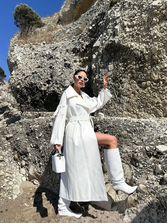 Beyaz Yün Karışımlı Sleeve Pocket Kaban