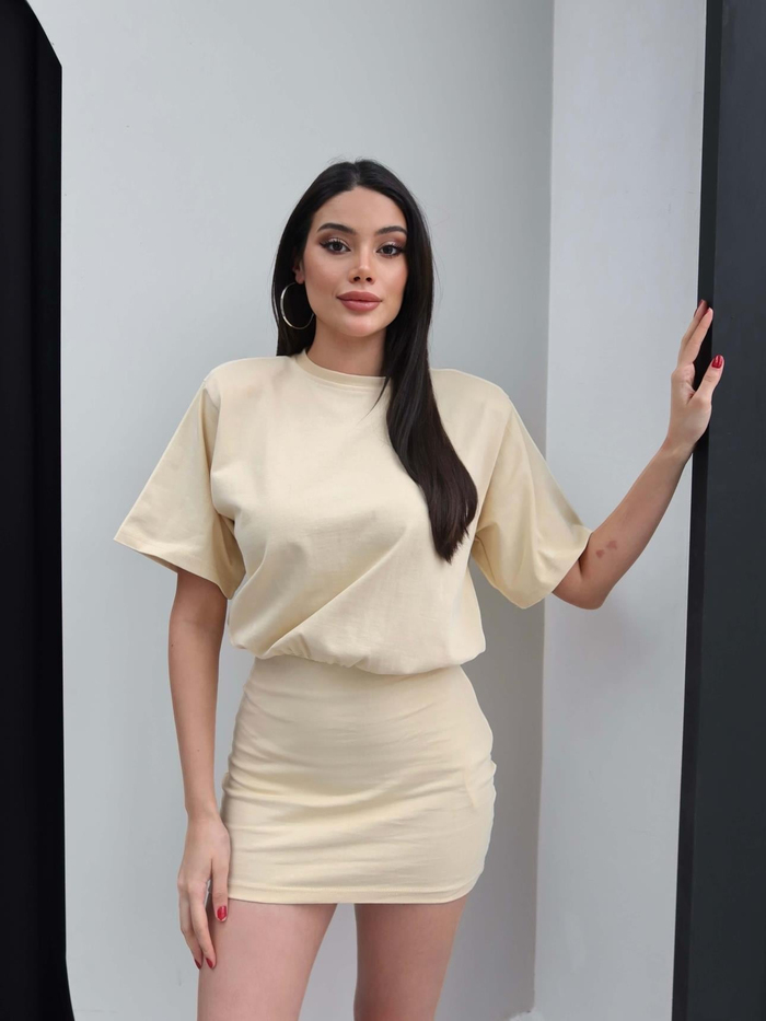 Bisiklet Yaka Bel Oturtmalı Mini Elbise