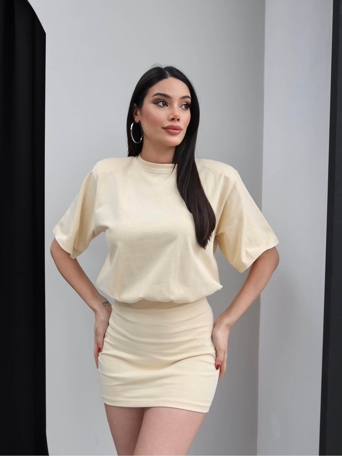 Bisiklet Yaka Bel Oturtmalı Mini Elbise