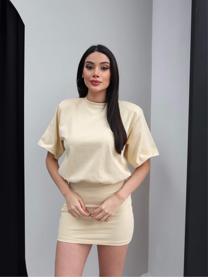 Bisiklet Yaka Bel Oturtmalı Mini Elbise