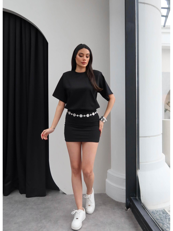 Bisiklet Yaka Bel Oturtmalı Mini Elbise