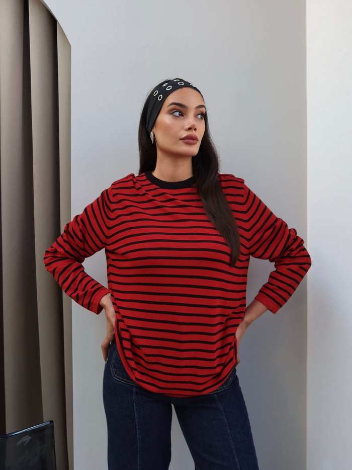 Bisiklet Yaka Çizgili Oversize Kazak