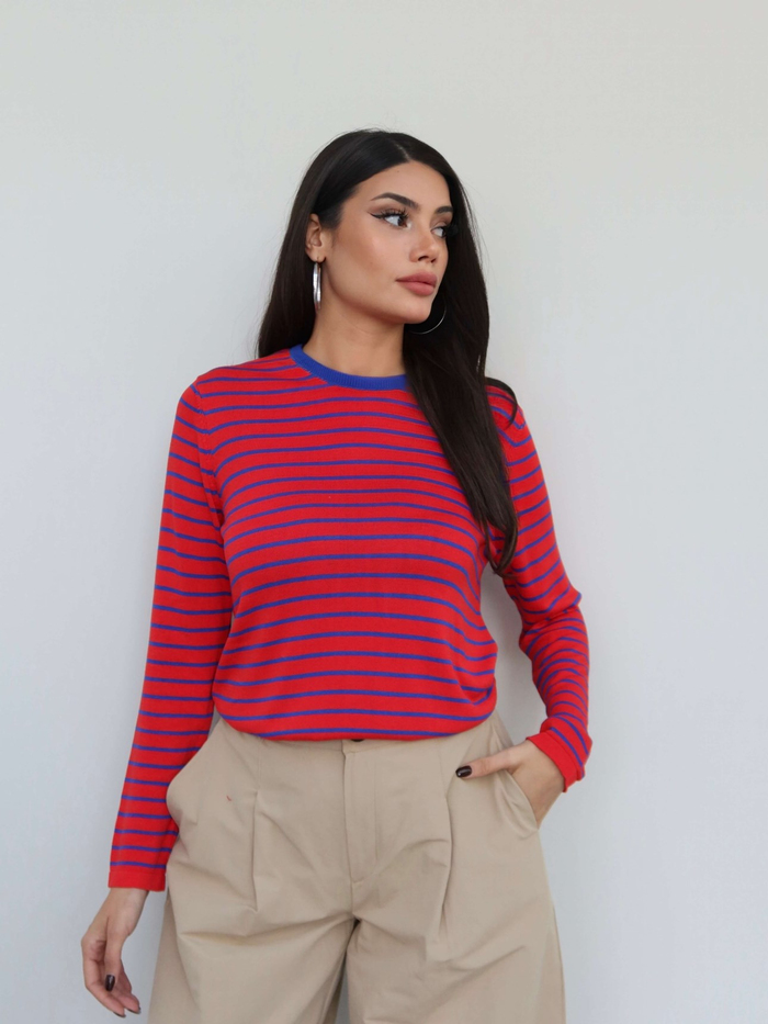 Bisiklet Yaka Çizgili Oversize Kazak