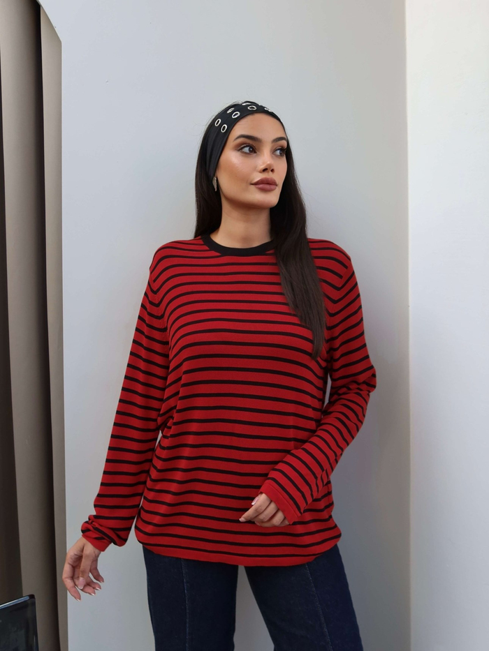 Bisiklet Yaka Çizgili Oversize Kazak