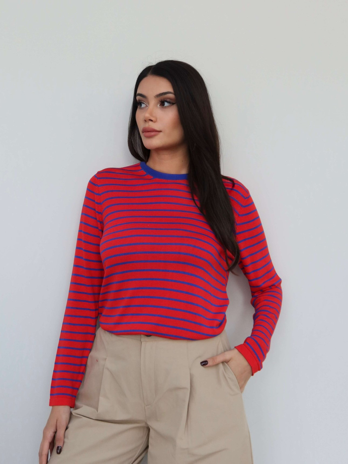 Bisiklet Yaka Çizgili Oversize Kazak