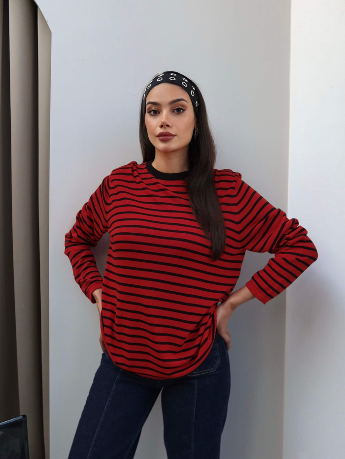 Bisiklet Yaka Çizgili Oversize Kazak